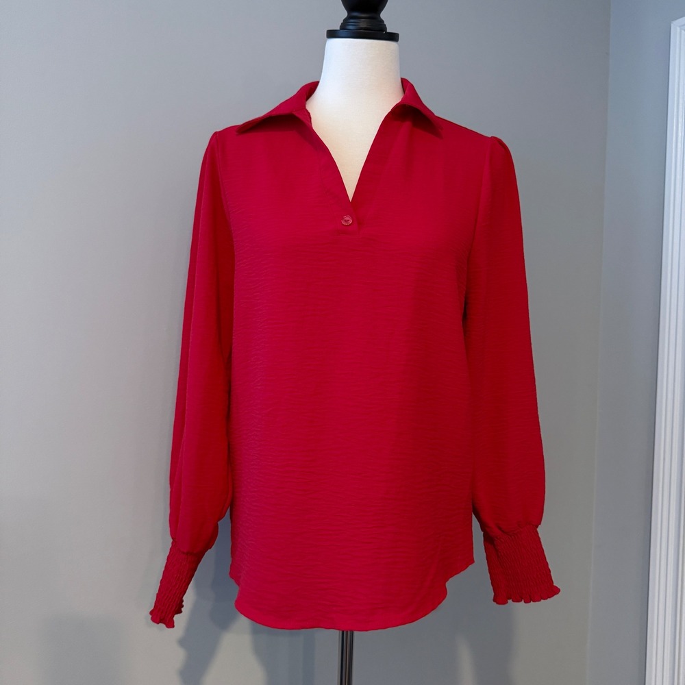 Red Jolie & Joy Blouse, Collared V Neck, Long Bishop Sleeves, Women's Size S
